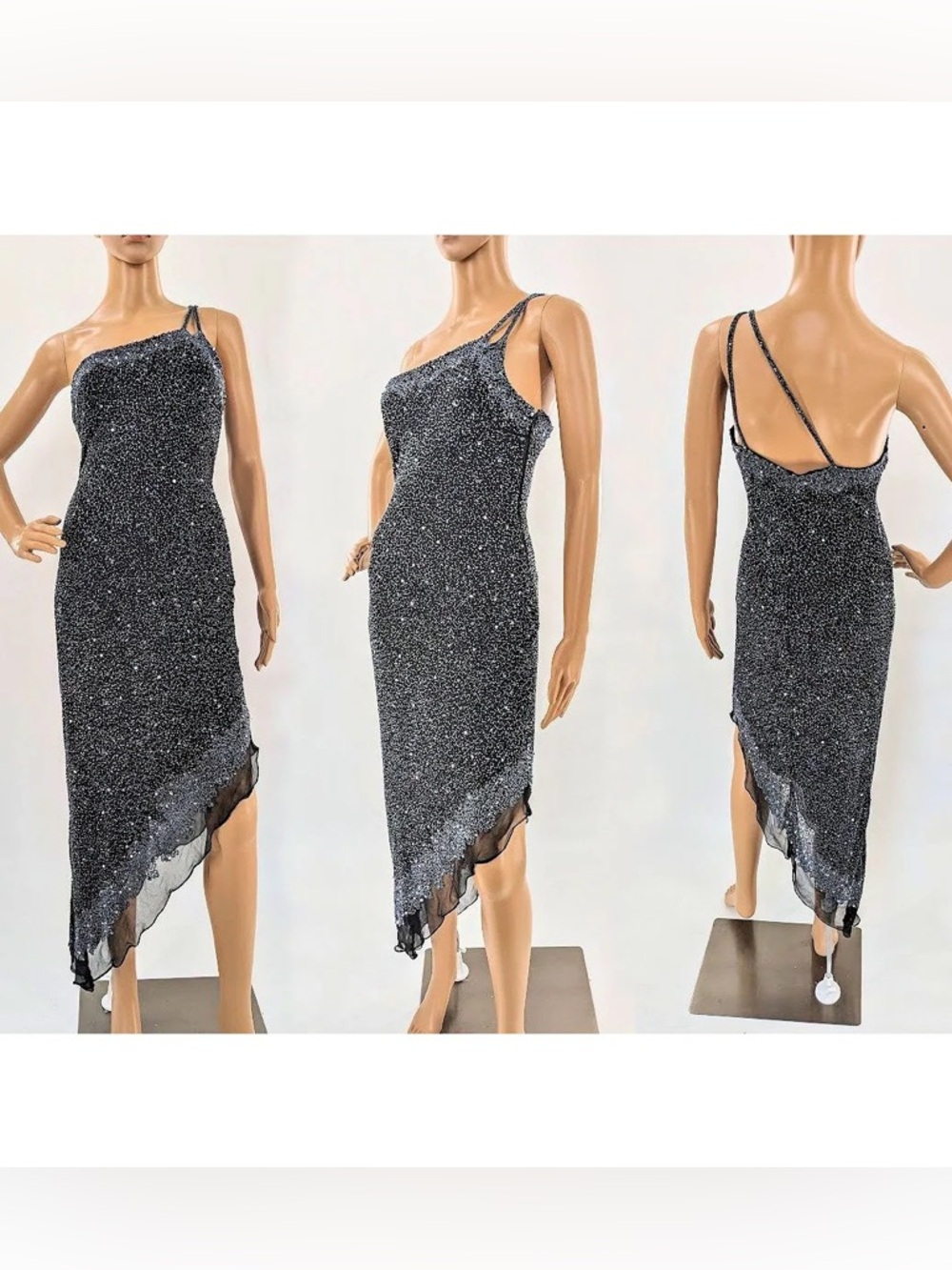 Vintage 1990s Scala Silk Gown Black Beaded‎ Sequins Off Shoulder